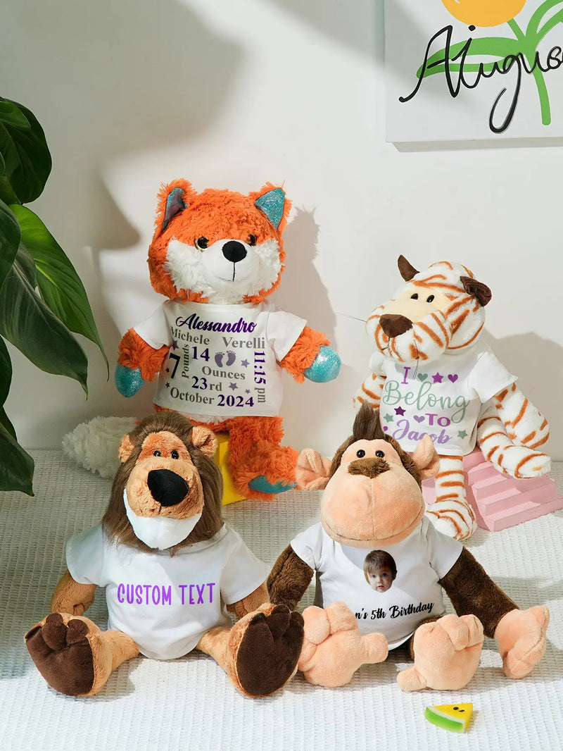 Personalized Animal Plush Stuffed Toy Birth Announcement Gift for Baby Shower