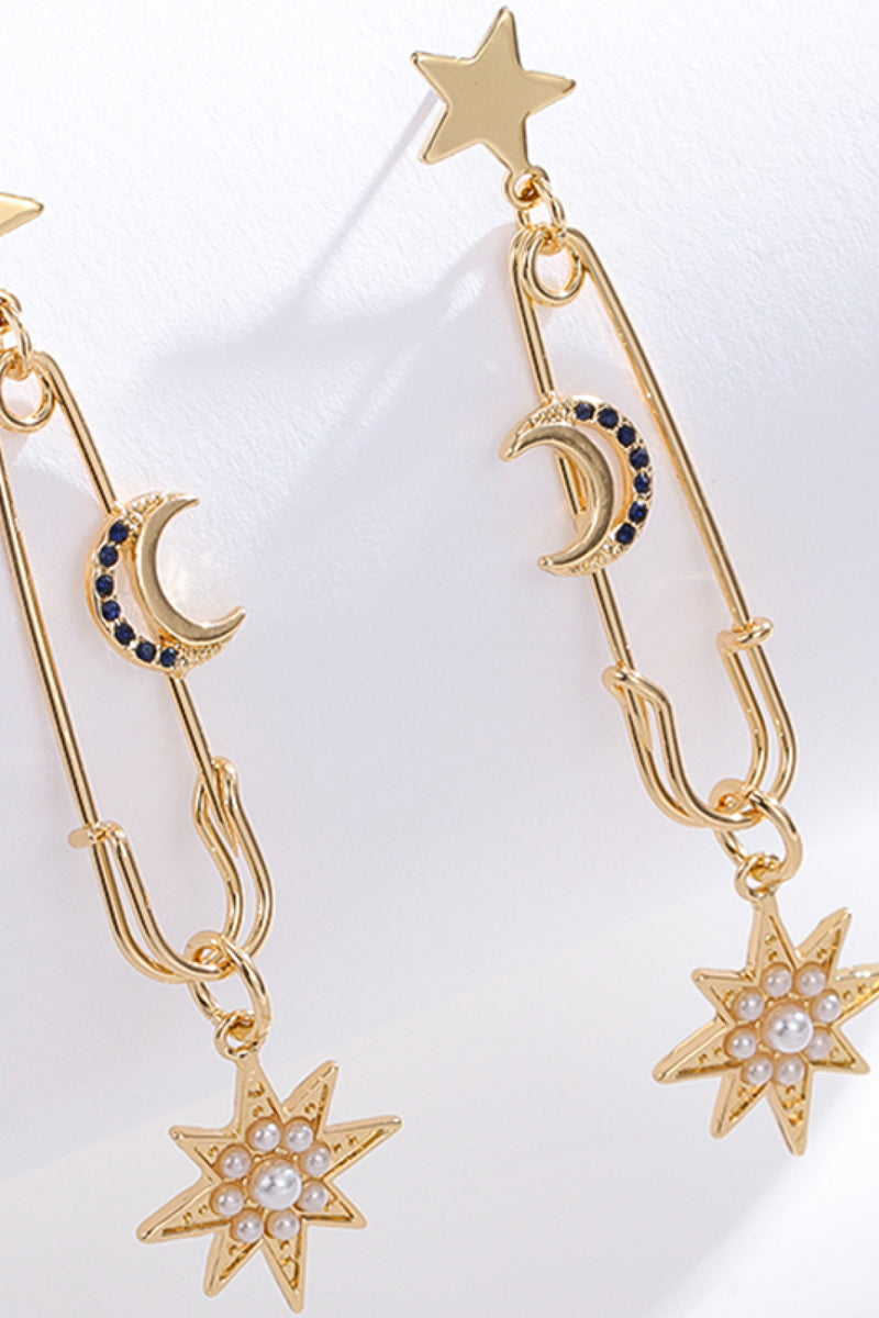 Inlaid Pearl Star and Moon Drop Earrings