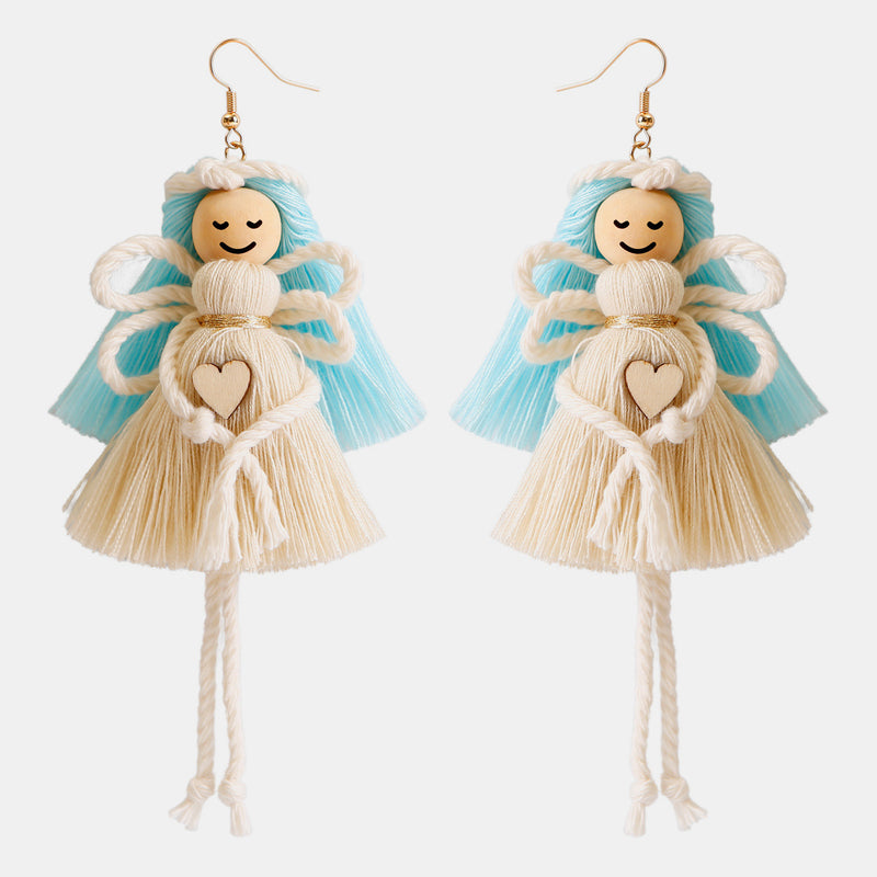 Wood Cotton Cord Brass Angel Dangle Earrings